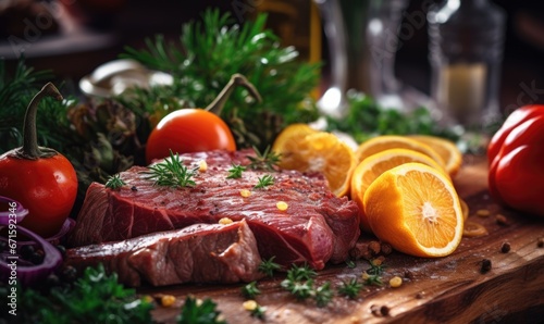 Slices of raw meat, orange and basil on a cutting board