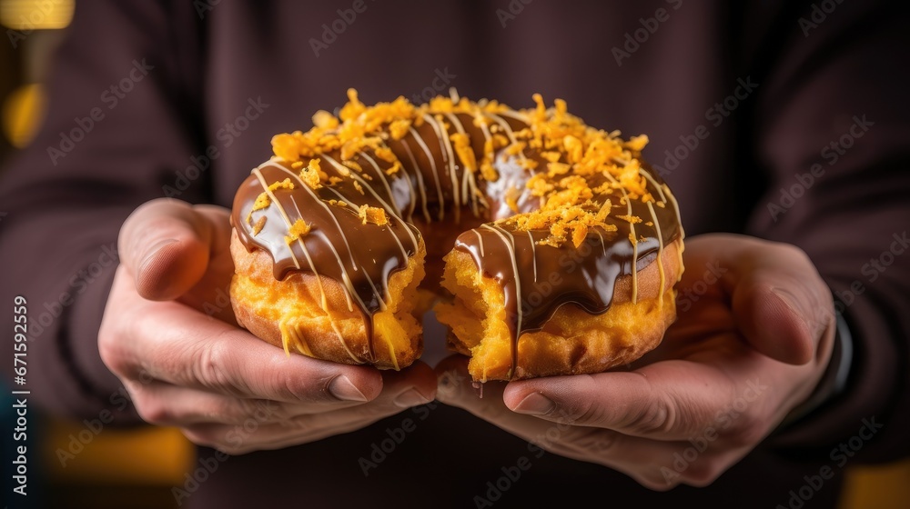 Man holds a partly eaten custard- filled donut in his hands.Doughnut with milk chocolate glaze, crushed biscuits, golden caramelised crepes and filled with honeycomb custar.
