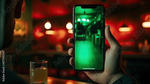 Man is holding a smart phone with the green screen on it, while two of his friends are sitting at the bar in front of him. 