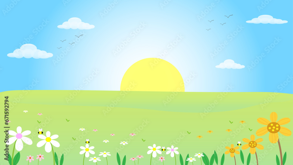 Spring meadow green fields landscape with mountain, blue sky and clouds background,Cartoon vector illustration for spring