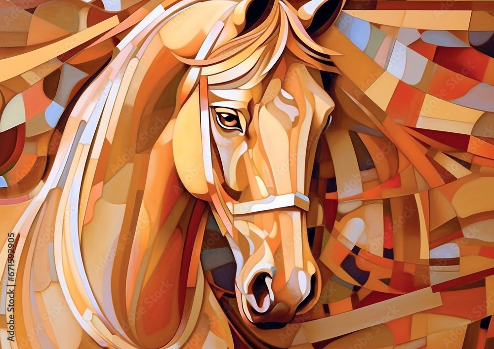 Pferde in Form moderner Kunst mit grafischen Elementen im Hintergrund - obrazy, fototapety, plakaty 