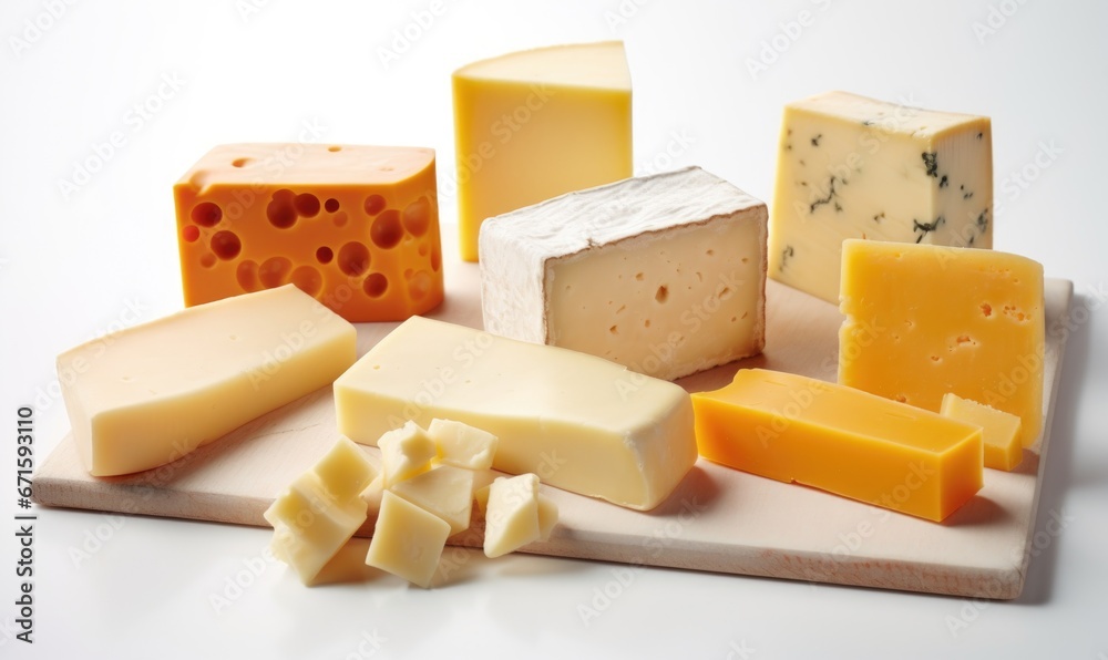 Different types of cheese on a wooden board on a white background.