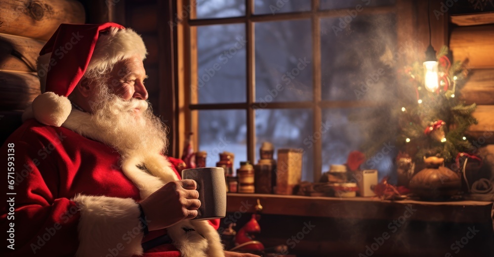 Santa Claus taking a break, sipping hot cocoa in a cozy wooden cabin, with twinkling lights