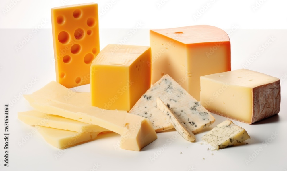 Cheese collection, piece of cheese and pieces of cheese on white background