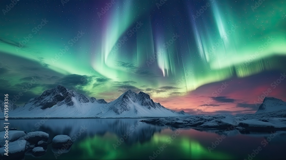 Northern Lights - Aurora Boreal above big glacier at Iceland, Europe.Render creation of dramatic seascape with waves during sunset.
