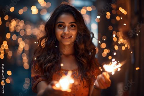 Young smiling Indian girl holding a fire cracker. Diwali festival concept