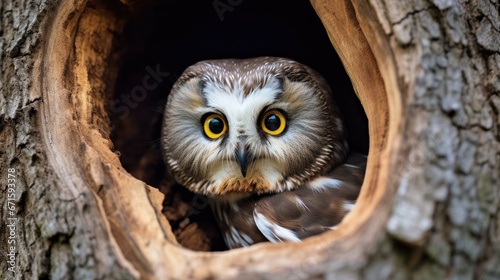 Northern saw-whet owl (Aegolius acadicus) in tree cavity, USA
 photo