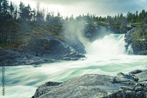 Stuttgongfossen, a powerful waterfall south of Vagamo, located at Hindsæte/Sjodalen in the region Oppland, Norway.
