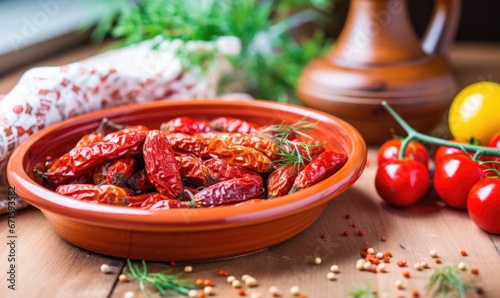 Dried tomatoes in a bowl on a wooden background. Selective focus.