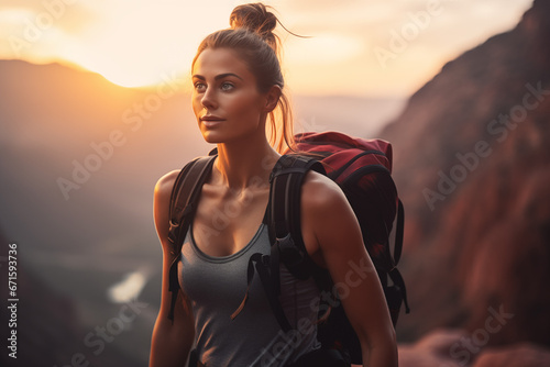 Sunset Pose of woman on Mountain Trail.