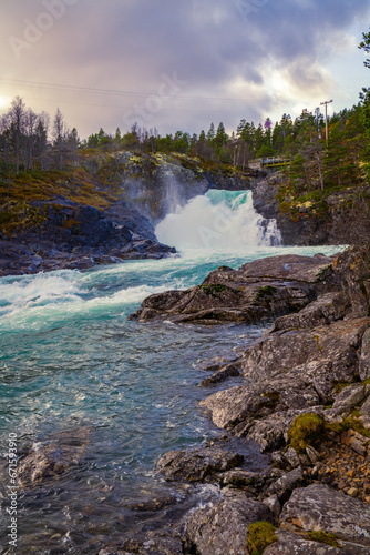 Stuttgongfossen, a powerful waterfall south of Vagamo, located at Hindsæte/Sjodalen in the region Oppland, Norway.