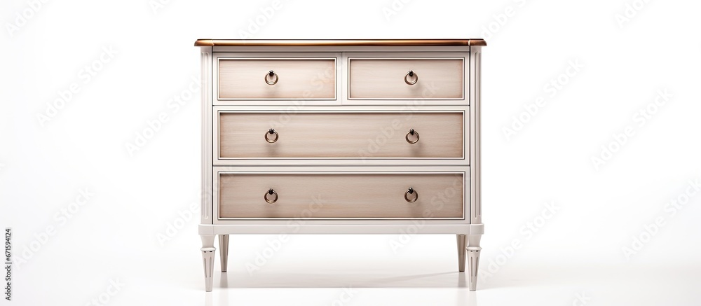 Modern classic style chest of drawers with veneer and painted wood trim on white background Modern classic style chest of drawers with veneer and painted wood trim on white background