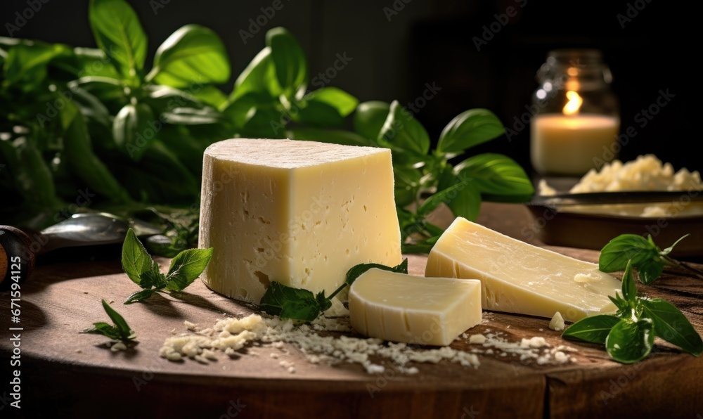 Cheese collection, pieces of hard Italian cheese emmentaler with green olives and rosemary