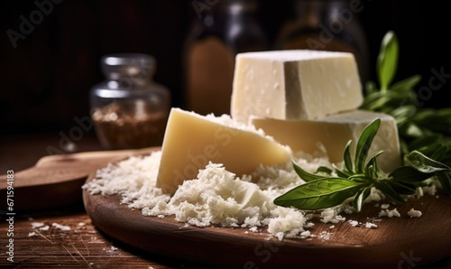 Cheese collection, pieces of hard Italian cheese emmentaler with green olives and rosemary
