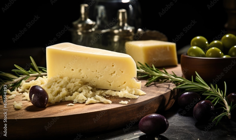 Cheese collection, pieces of hard Italian cheese emmentaler with green olives and rosemary Cheese collection, pieces of hard Italian cheese emmentaler with green olives and rosemary