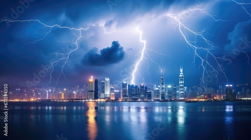 Powerful lightning striking from sky to sea in rainy night, with city skyline at background, Hong Kong, China 
