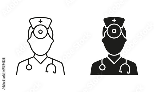 Ear, Nose, Throat Doctor Symbol Collection. ENT Specialist. Otolaryngologist Doctor Line and Silhouette Black Icon Set. Otolaryngology Medic Staff Pictogram. Isolated Vector Illustration