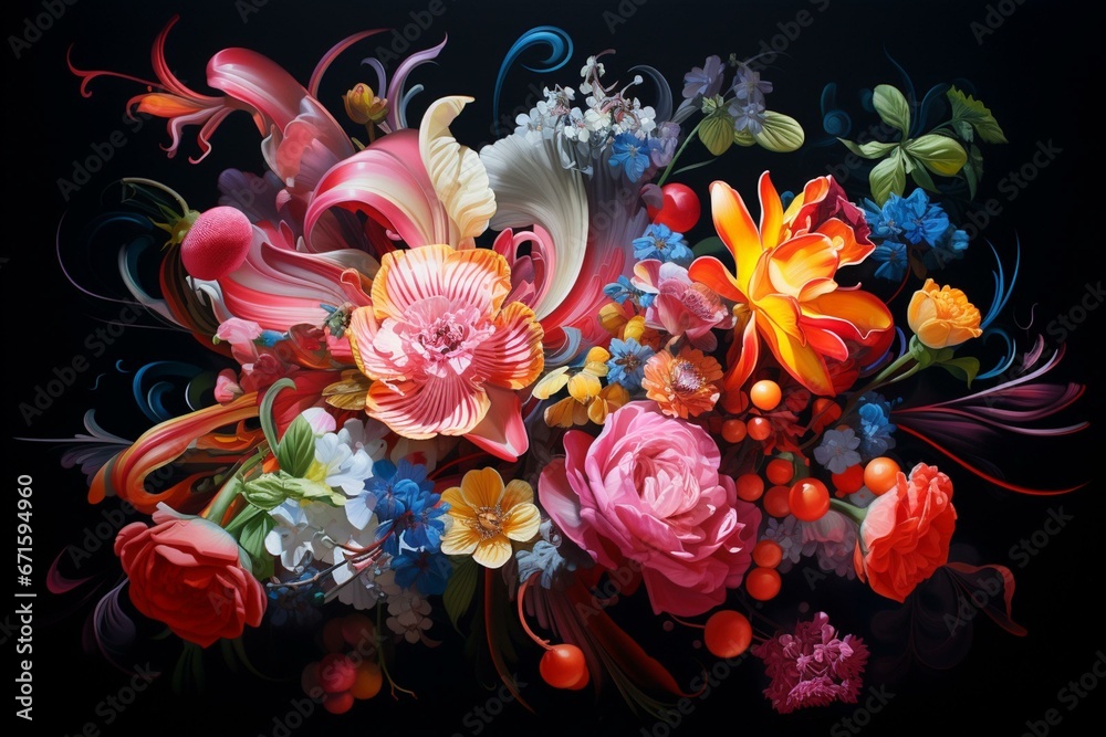 Colorful painting adorned with precious ornaments and vibrant blooms against a dark backdrop. Generative AI