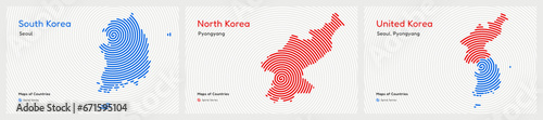 Creative maps of South and North Korea. Political map. Seoul, Pyongyang. United Korea set. World Countries vector maps. Spiral fingerprint series	