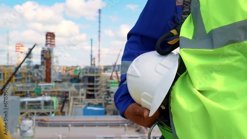 Man industrial worker metalworker builder safety uniform protective helmet at refinery construction