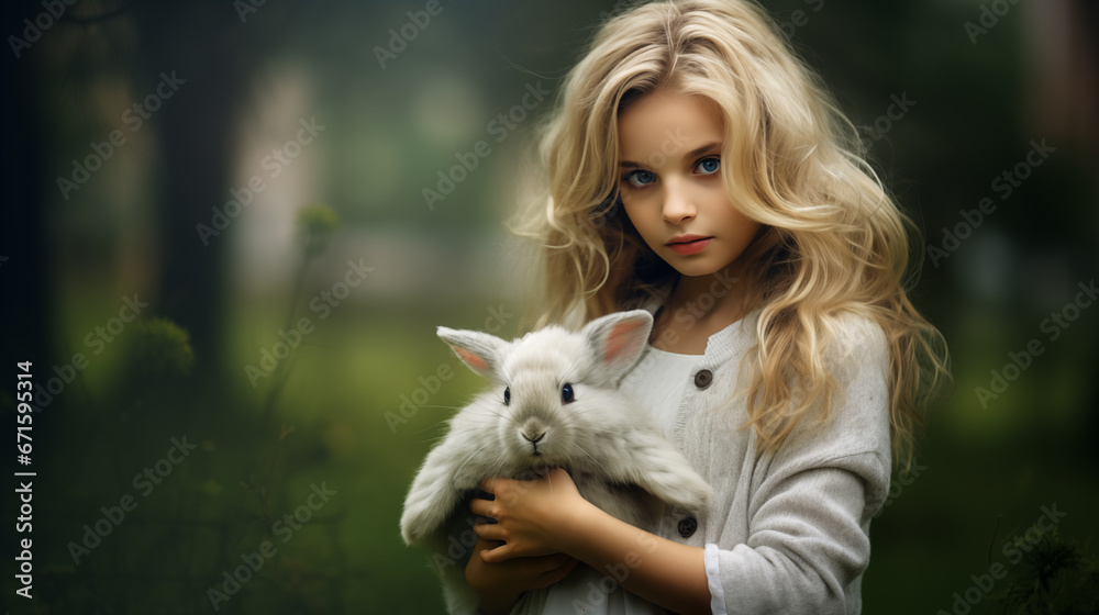 Young beautiful blonde girl with long curly hair holding a white rabbit. Young beautiful blonde girl with long curly hair holding a white rabbit.