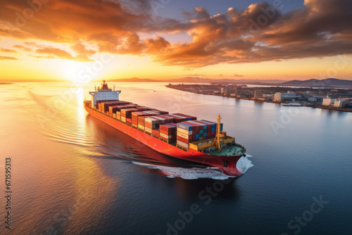 cargo container ship moves toward its destination on the sea at sunset. Responsible for the distribution of cargo imports and exports for global trade. Safe navigation supports global economic growth. photo