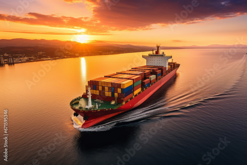 cargo container ship moves toward its destination on the sea at sunset. Responsible for the distribution of cargo imports and exports for global trade. Safe navigation supports global economic growth.