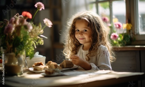 Adorable little girl having breakfast in the morning at home. Happy child eating cookies.