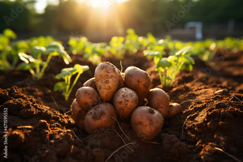 Agriculture vegetables harvest background - Cross-section of soil and ripe potato in the shape of a heart on field  photo