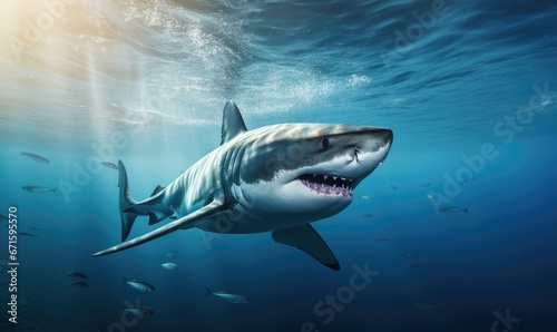Great White Shark swimming under the sea. Sunbeam lighting through water.