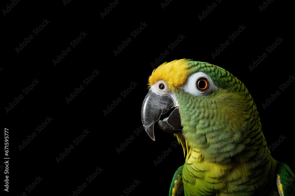 Fototapeta premium Front view of a collared parakee on isolatedbackground. Wild animals banner with empty copy space