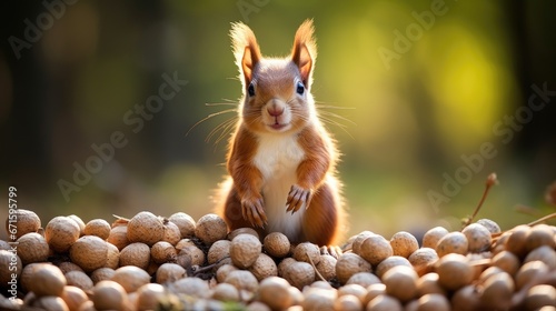 Squirrel sitting on pile of nuts
