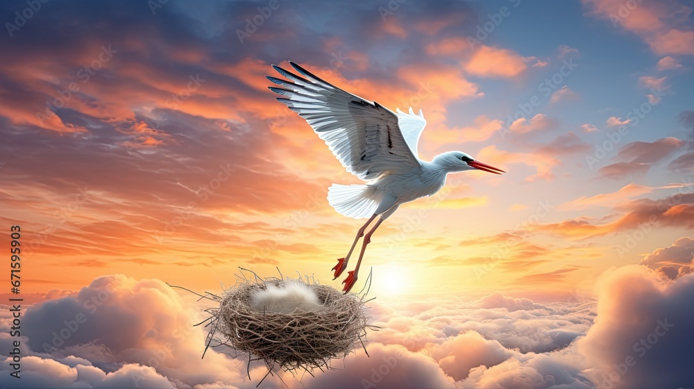 Stork carrying bundle over the clouds
 - obrazy, fototapety, plakaty 