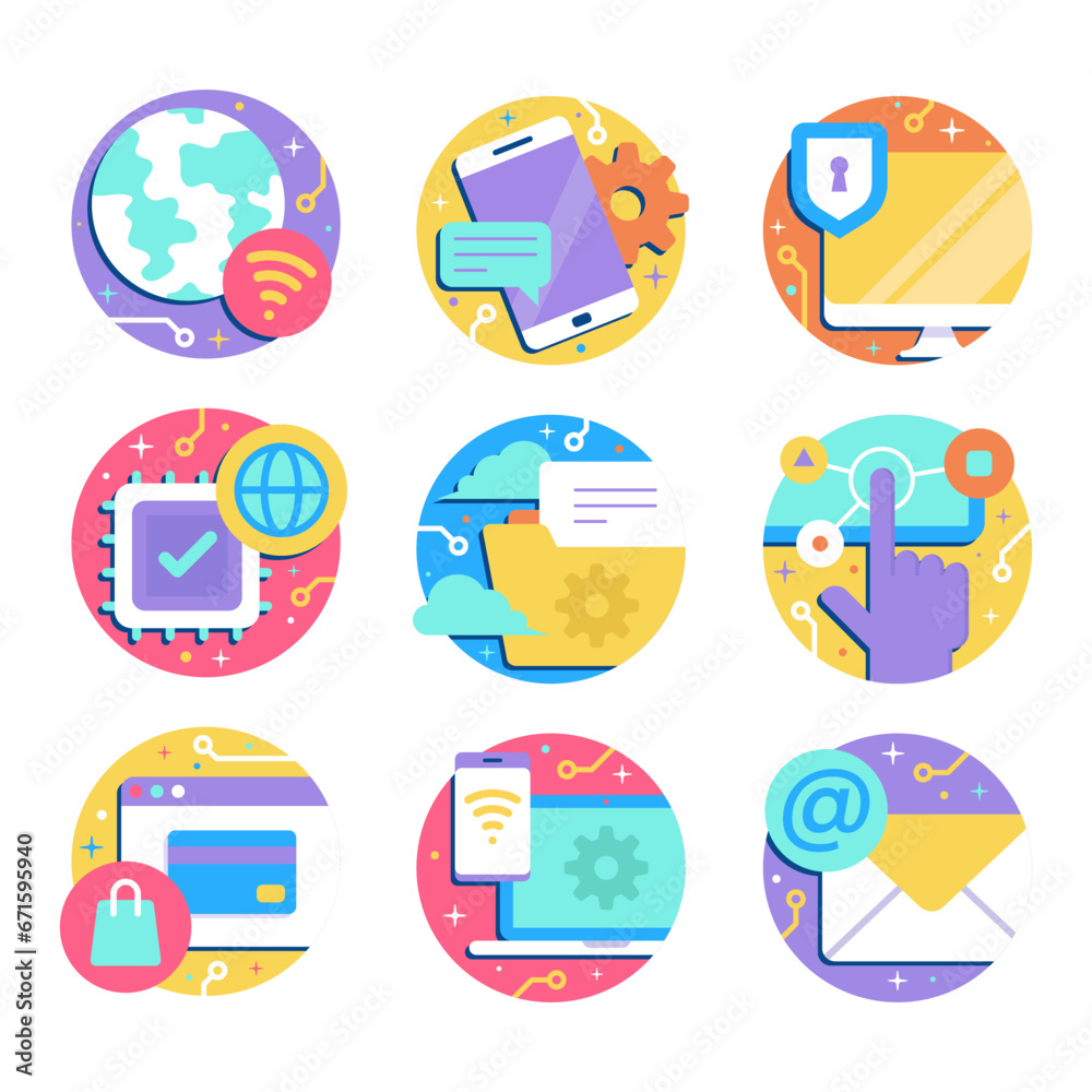 Colorful and Fun Online Technology Stickers in Circle Shape