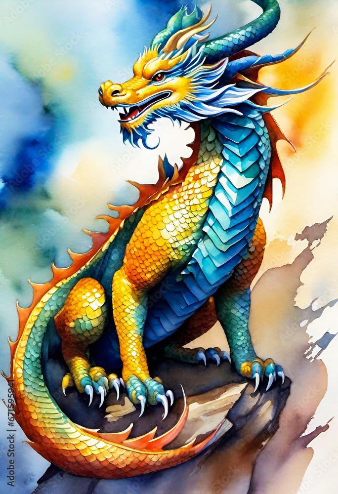 ブルーゴールドドラゴン水彩画 ブルーゴールドドラゴン水彩画