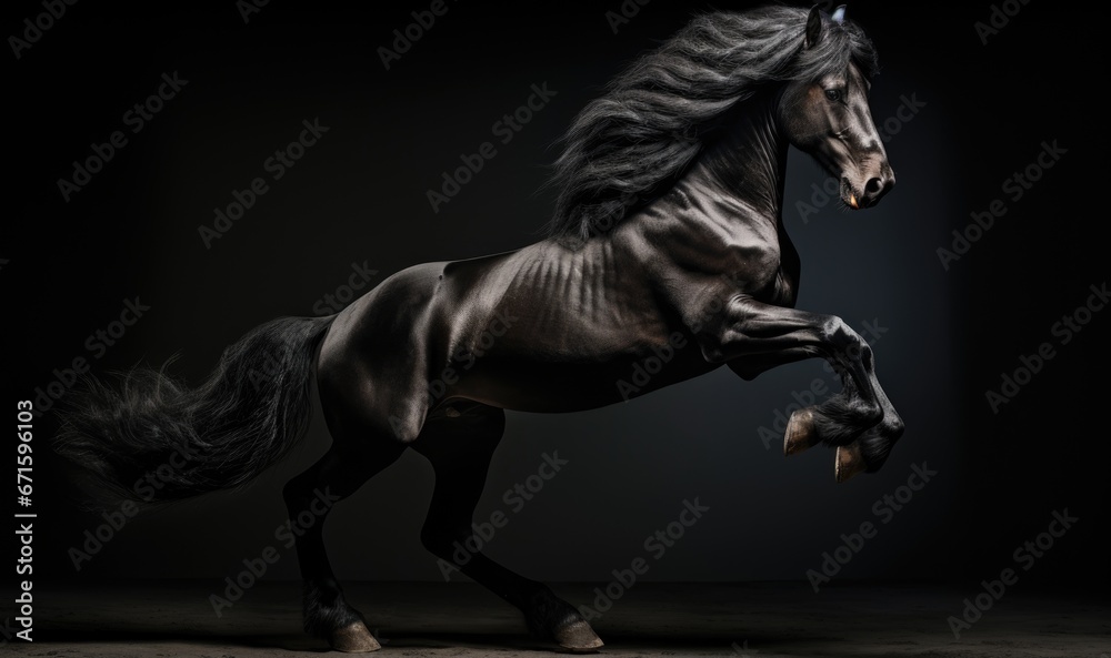 Beautiful black stallion with flying mane on black studio background Beautiful black stallion with flying mane on black studio background