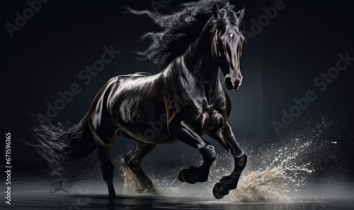 Black stallion running in dust on dark background.