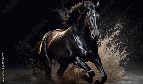 Black horse with long mane galloping in water on dark background © TheoTheWizard