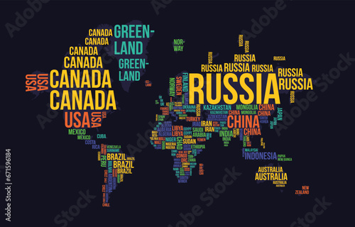 World Map with Country Name as a Country Shape on Black Background