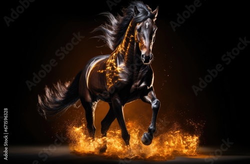 Horse galloping in the dust on a black background with copy space