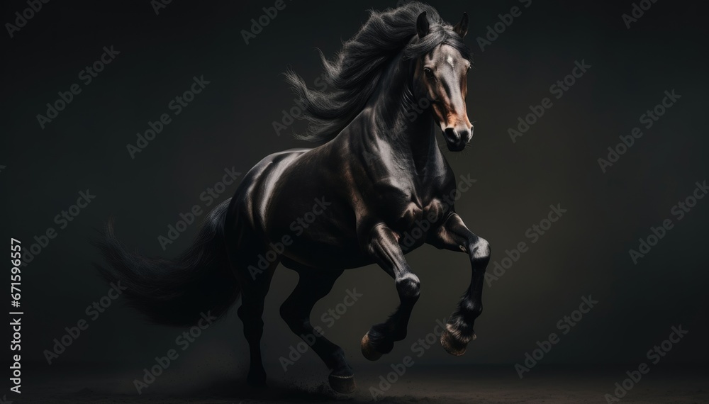 Fototapeta premium Black stallion running in dust on dark background.