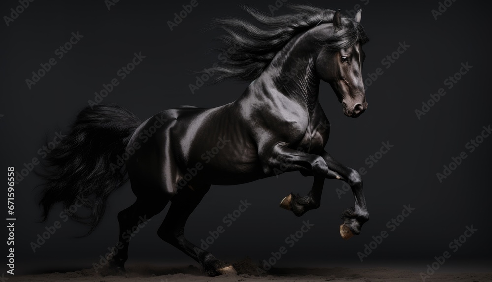 Beautiful black stallion with long mane running on dark background Beautiful black stallion with long mane running on dark background