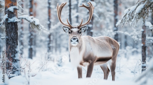 This is a photo of a reindeer in Lapland, Finland during the winter.
