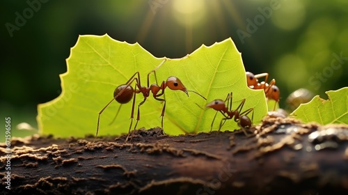 Three leafcutter ants (atta cephalotes) carrying leaves, close-up 