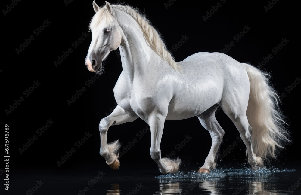 White horse with long mane in dust on black background.