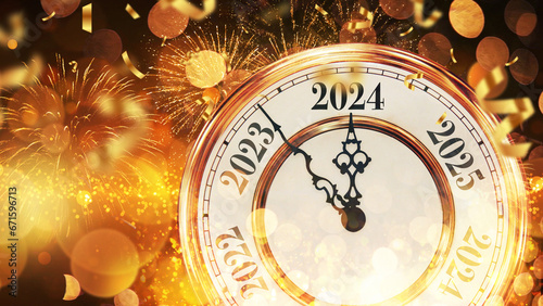 Vintage gold clock New Year 2024 with confetti, golden bokeh lights and fireworks. New Year 2024 card, creative idea. photo