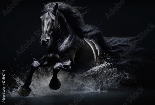 Black horse with long mane galloping in water on dark background