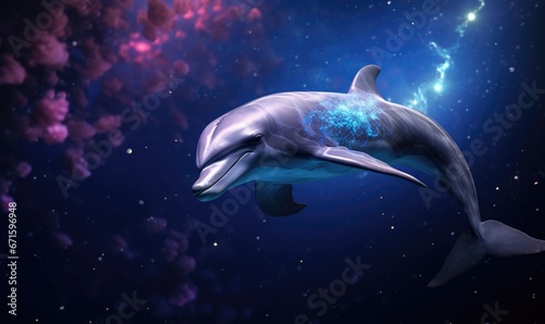 Dolphin in the deep blue sea. Dolphin swimming underwater in beautiful magic light. Nature background.