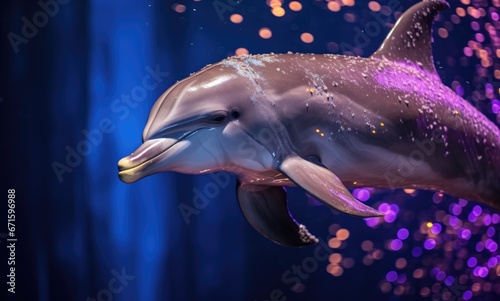 Dolphin in the deep blue sea. Dolphin swimming underwater in beautiful magic light. Nature background.