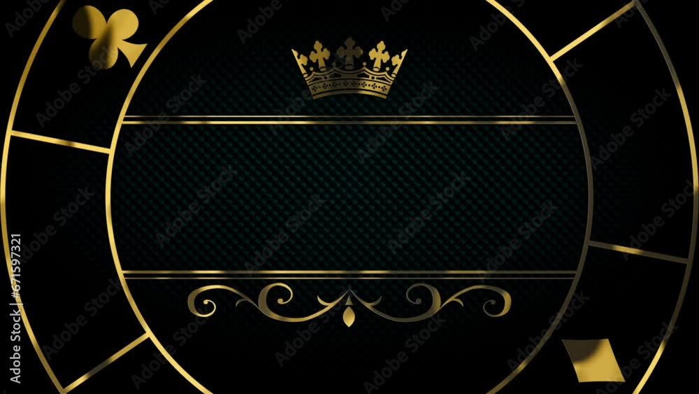 Luxury gold poker chip and crown on title border background. Black abstract text banner. Blank vip backdrop with golden frame and poker card suits. Copy space for grand casino royal logo or title text